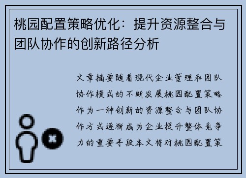 桃园配置策略优化：提升资源整合与团队协作的创新路径分析