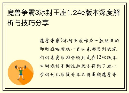 魔兽争霸3冰封王座1.24e版本深度解析与技巧分享